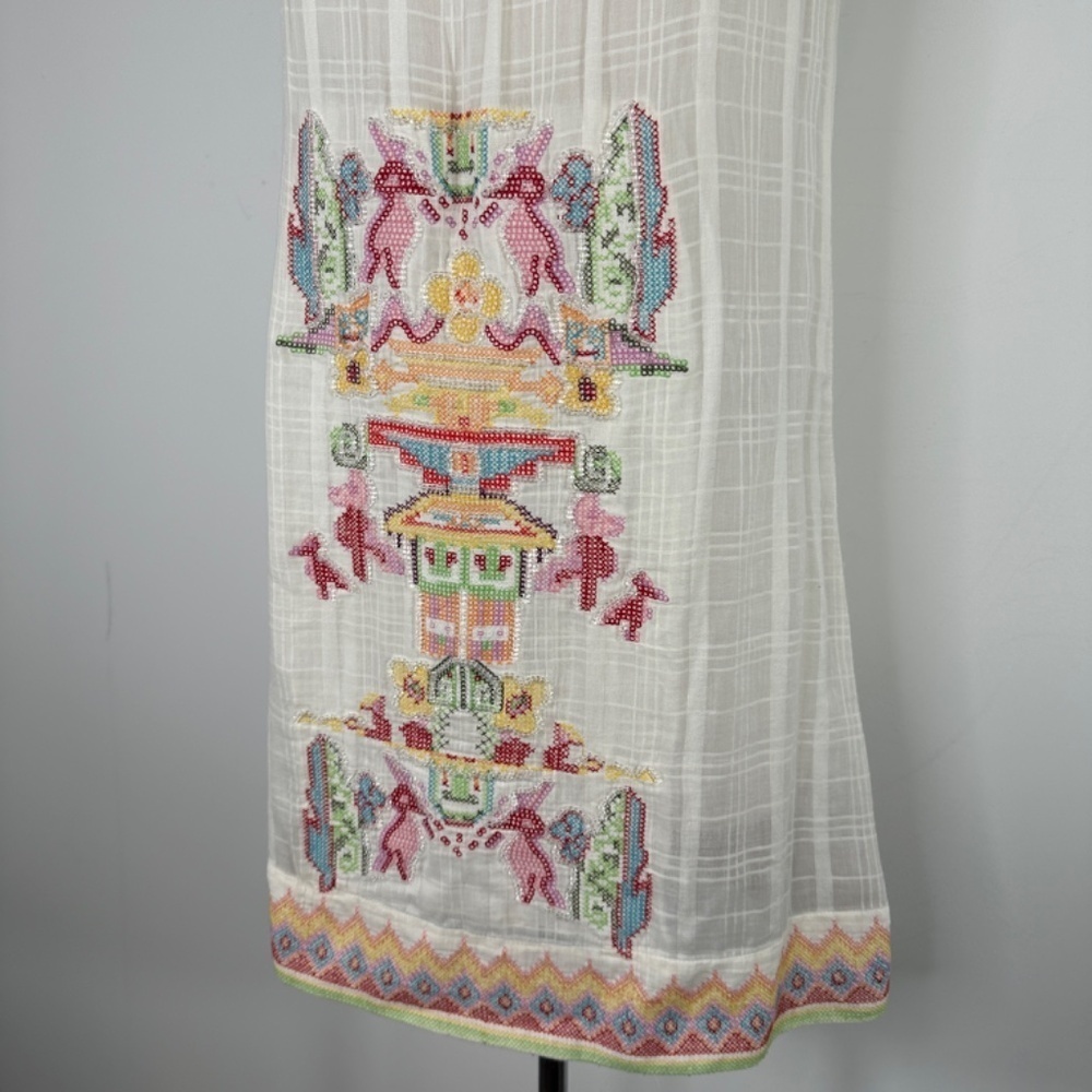 Y2K Da-Nang White Boho Sleeveless Cotton Embroidery Beaded Shift Dress Size S - Picture 3 of 15
